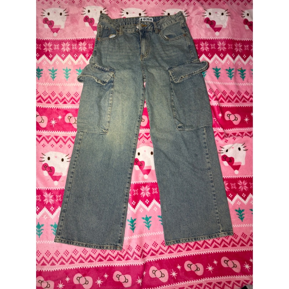 S.O.N.G. Women Wide Leg Cargo Jeans Medium Wash Denim High Rise Size 5/27 Y2K